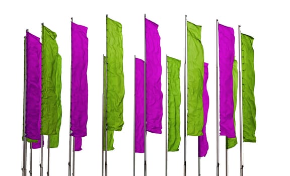 Several flagpoles with vertical green and purple flags