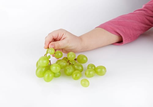 Children's hand takes a bunch of tasty green grapes.