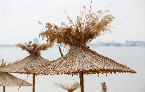 Straw beach umbrellas on a background of the cloudless sky. Shallow depth of field.
