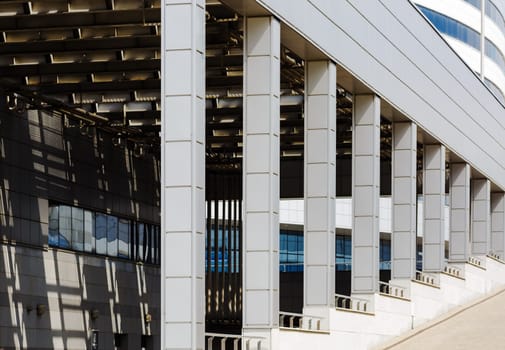 MINSK, BELARUS - MAY 03, 2016: Minsk-Arena - a sports and entertainment complex in the city of Minsk, Belarus. Close-up of modern industrial architecture with a colonnade.