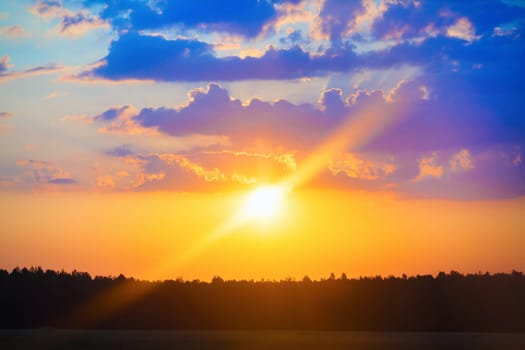 Bright colorful sunset in the countryside. Silhouettes of trees against picturesque sky background. Bright sun and dramatic clouds.