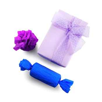 Bright purple and blue gift boxes. Isolated with clipping path on white background. Top view.