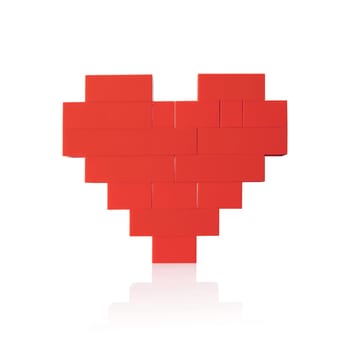 Heart made of red plastic blocks. Isolated on white background.