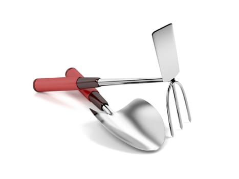 Garden trowel and hoe on white background