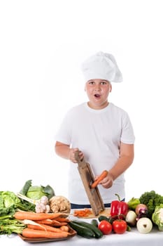 astonished young cook grating carrots