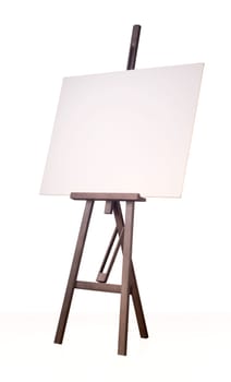 Painting wooden tripod with empty cardboard isolated on white background