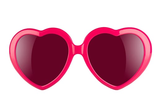 A pair of pink heart shaped sun glasses with violet lenses isolated on white background