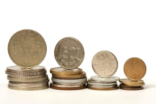 Coins of different currency on white background