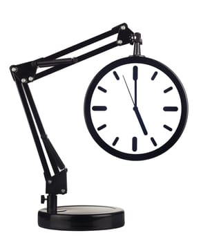 Black clock with arm showing five o'clock isolated on white background