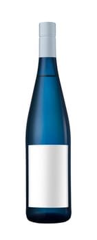 Blue bottle of wine with blank label and pilfer isolated on white background