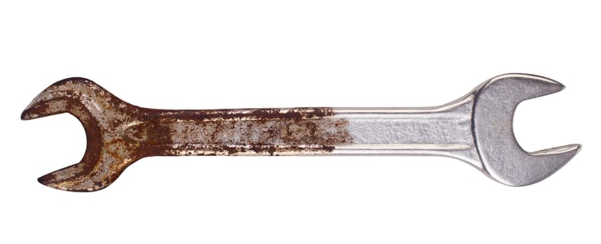 A wrench rusted on one side while still stainless on the other