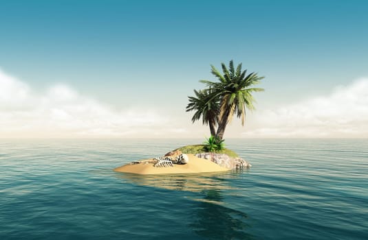 Small tropical island in the middle of the ocean with a small palm tree and a skeleton in the sand