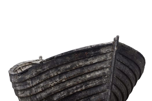 Horizontal side view of an old fishing wood boat with rusted nails isolated on white background