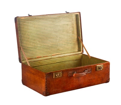 Old vintage open suitcase viewed from the side isolated on white background