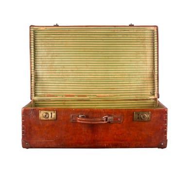Old vintage open suitcase viewed from the side isolated on white background