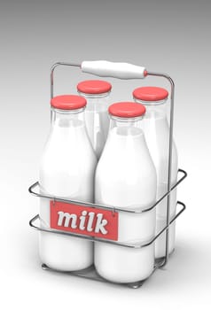 Four glass bottles of milk with light red caps in a metal carrying case with holder and word milk written on the front on white background