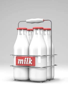 Four glass bottles of milk with light red caps in a metal carrying case with holder and word milk written on the front on white background