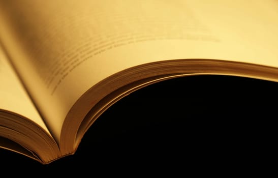 Horizontal photo of an old open book on black background