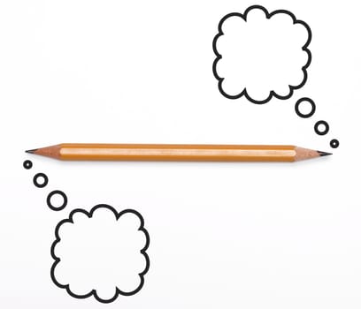 Top view of a yellow pencil sharpened on both ends with thinking bubbles, isolated on white