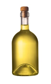 Small olive oil bottle with cork isolated on white background
