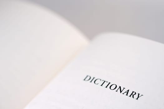 An open book with the word dictionary reading on the right page, copy space available.