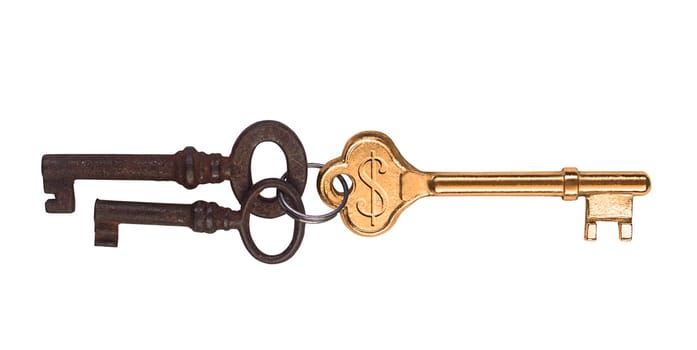 A golden key with engraved dollar sign and two rusted ones.