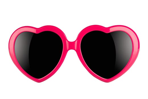 A pair of pink heart shaped sun glasses with black lenses isolated on white background
