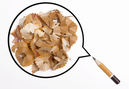 Small orange pen with a speech bubble filled with wood shards isolated on white background