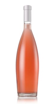 Rose wine bottle with no label and silver cap isolated on white background