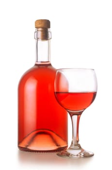 Small rose wine bottle with cork near a glass with rose wine. Isolated on white background.