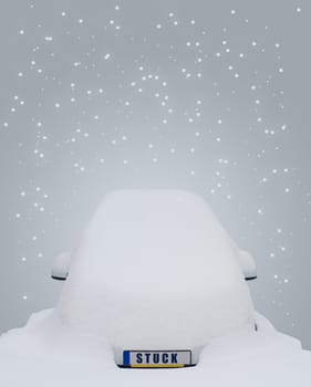 Car covered in snow with the word stuck writen on the license plate and snow flakes falling