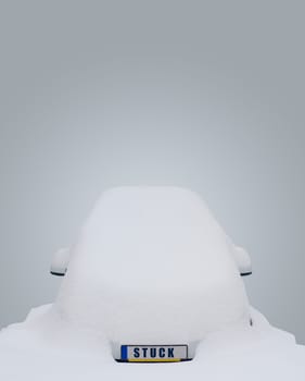 Car covered in snow with the word stuck writen on the license plate on grey background