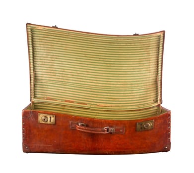 Twisted open vintage suitcase view from the front isolated on white background