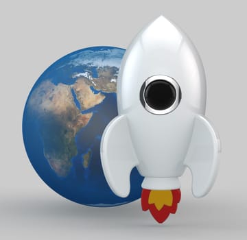 3D render of a symbolic rocket. The rocket is painted in white. Yellow and red flames come out from its thrusters.  In the middle of the rocket there is a chrome, black glass window. At the back of the rocket there is planet earth.