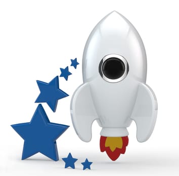 3D render of a symbolic white rocket with six blue stars on its left. The rocket is painted in white and has red and yellow flames coming out from its thrusters. All elements are isolated on white.
