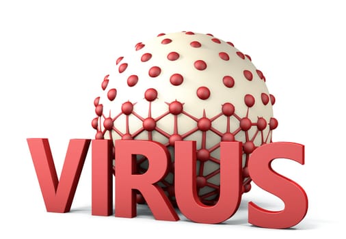 concept 3D render of a virus with the word virus written in front isolated on white background