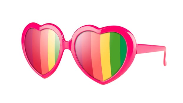 A pair of pink heart shaped pair of glasses with rainbow in the lenses, isolated on white.