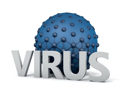 concept 3D render of a virus with the word virus written in front isolated on white background