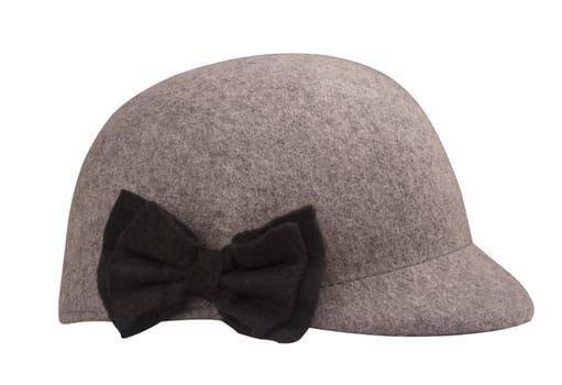 Grey wool riding hat with a black bow-knot isolated on white background