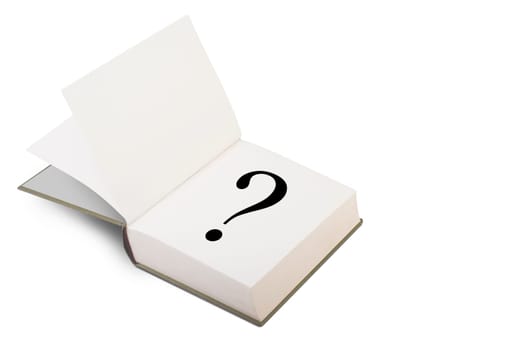 An open hard cover book with blank pages with the question mark sign written on the right page. Isolated on white background.