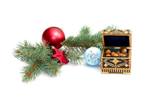 the fir-tree branch decorated with spheres and casket with forest nutlets, isolate, a subject holidays Christmas and New Year