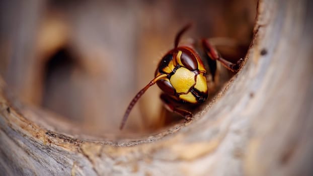 Portrait of a big wasp - a hornet protects an entrance to a nest.