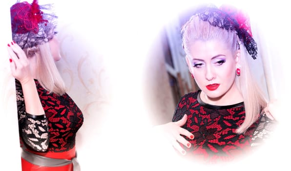 double portrait of the beautiful woman in a red dress, a subject beautiful festive women, New Year and Christmas holidays