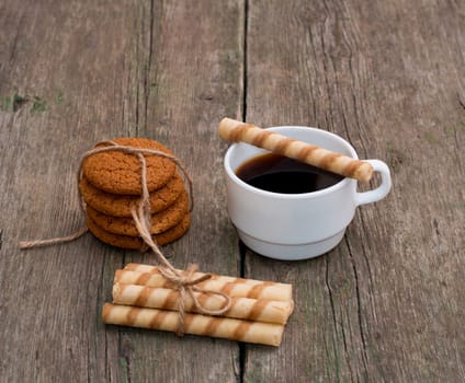 coffee and two linking of different cookies, still life, subject drinks and sweets