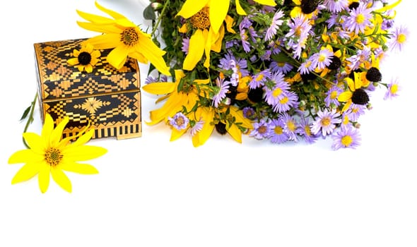 bouquet of wild flowers and casket, isolate, subject seasons and flowers