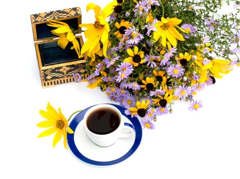 bouquet of wild flowers, coffee and casket, top view, isolate, subject seasons and flowers