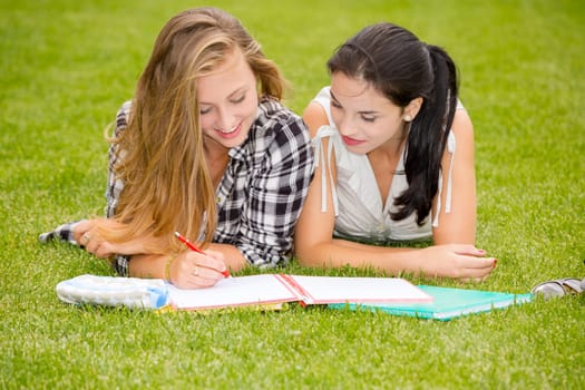 Tennage students lying on the grass and study together