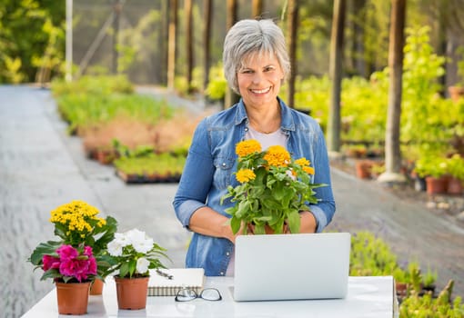 Beautiful mature woman working in a greenhouse holding flowers on her hands