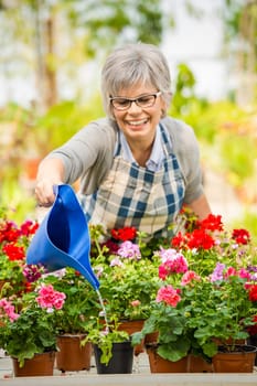 Beautiful mature woman in a garden watering flowers