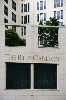Berlin,Germany - June 21,2016: The distinctively clad or brick façade of the Hotel The Ritz Carlton on Potsdamer Platz with a planted roof terrace on June 21,2016 in Berlin.